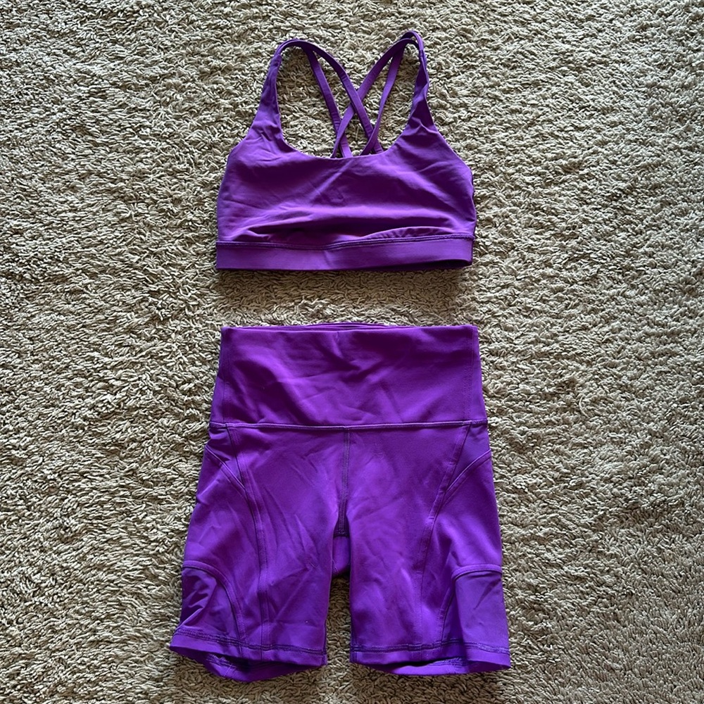 Lululemon 6” shorts and matching sports bra, I believe it’s align fabric